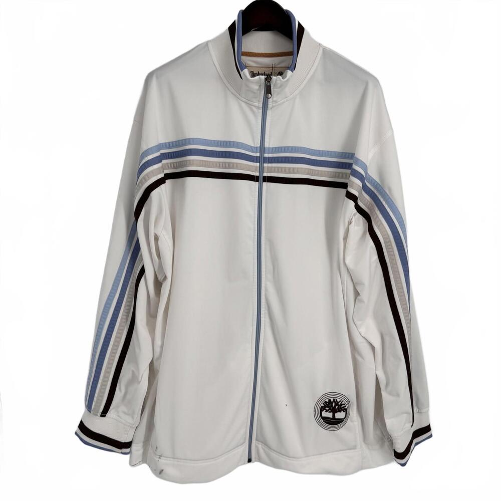 Timberland Track Jacket Mens 2XL White Striped Full Zip Logo Pockets Athletic